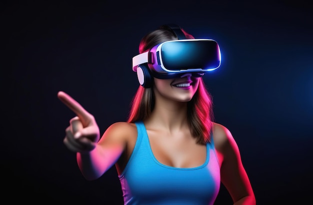 Junge lächelnde europäische Frau trägt eine virtuelle Realitätsbrille und berührt mit dem Finger zur Seite