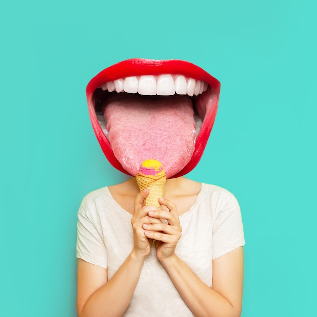 Junge lächelnde Frau, die von weit geöffnetem Mund angeführt wird, zeigt Zunge, die Eiscreme-Sorbet in einem Waffelkegel isst