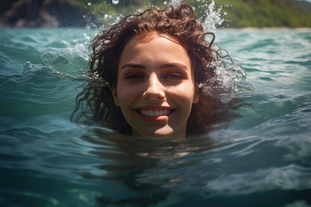 Junge lächelnde Frau im Wasser an der karibischen Küste