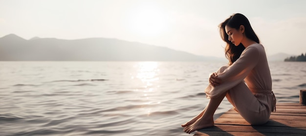 Junge lächelnde Frau sitzt am Meer, entspannt sich und beobachtet den Sonnenuntergang in der Meereslandschaft