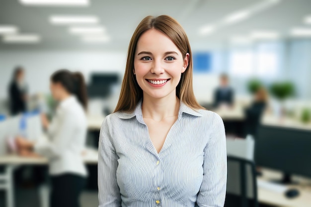 Junge lächelnde Geschäftsfrau steht vor verschwommenem Hintergrund der generativen KI im Büro