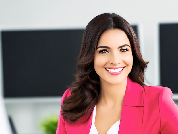 Junge lächelnde Geschäftsfrau steht vor verschwommenem Hintergrund der generativen KI im Büro