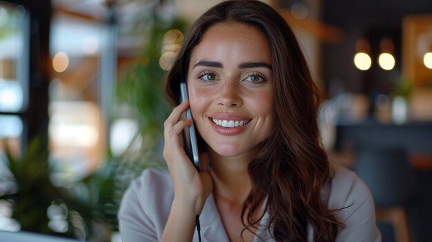 Junge, lächelnde, glückliche Frau spricht per Mobiltelefon