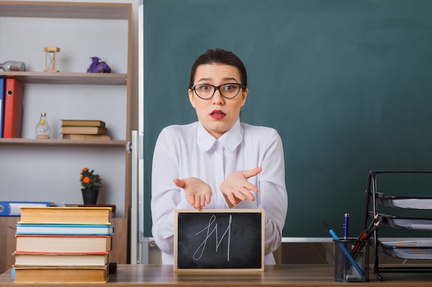 Junge Lehrerin mit Brille und kleiner Tafel sitzt an der Schulbank vor der Tafel im Klassenzimmer und sieht verwirrt aus, wie sie die Arme hebt