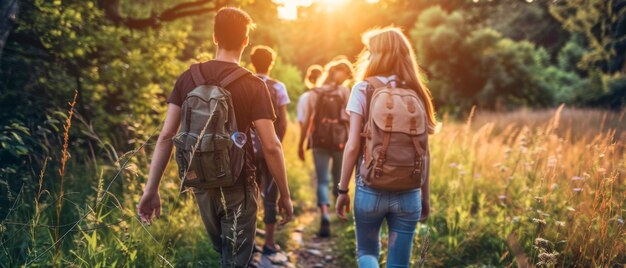 Junge Leute wandern an einem Sommertag mit einer Gruppe von Freunden auf dem Land