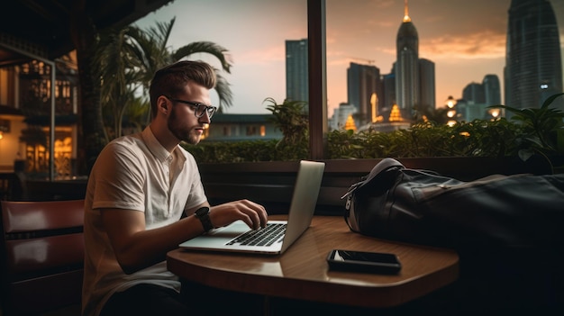 Junge Lifestyle-Digital-Nomad arbeitet an einem Laptop in der Stadt