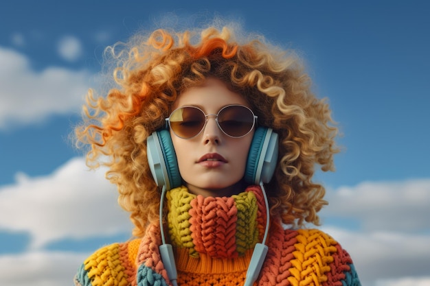 Junge Lofi-Frau mit Kopfhörern und farbenfroher Winterkleidung vor Himmelshintergrund