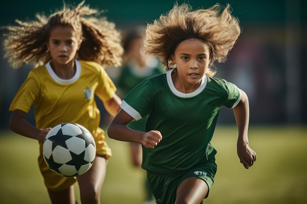 Junge Mädchen im Fußball trainieren zusammen, erstellt mit generativer KI-Technologie.