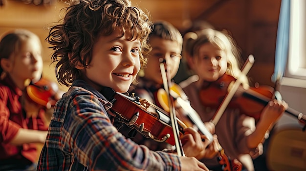 Foto junge mädchen spielen gemeinsam geige in einer harmonischen gruppe