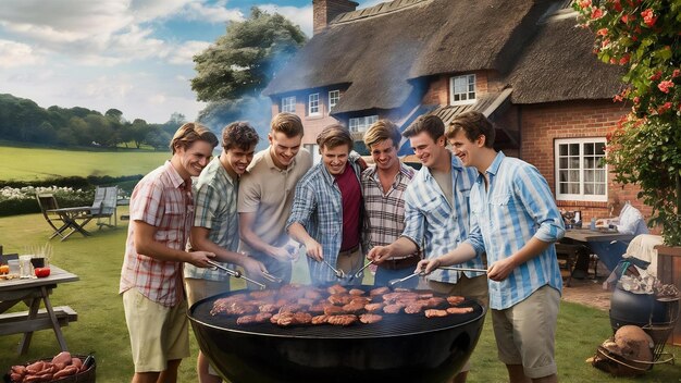 Foto junge männer grillen barbecue auf dem grill in einer hütte auf dem land