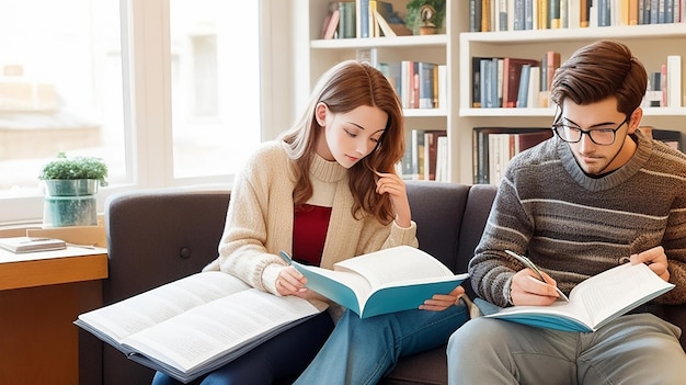 Junge Männer und Frauen lesen einen Bericht in einem gemütlichen Lesesaal, während sie von zu Hause aus arbeiten