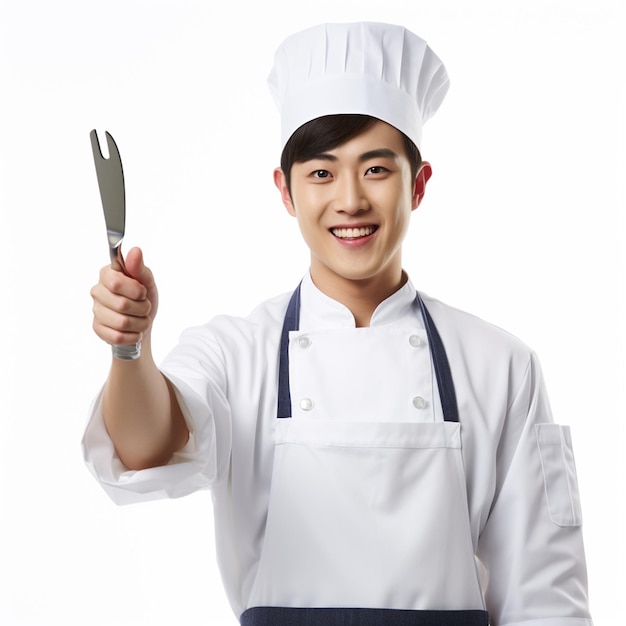 Junge männliche Koch lächelnd und in Chefuniform mit Spatel