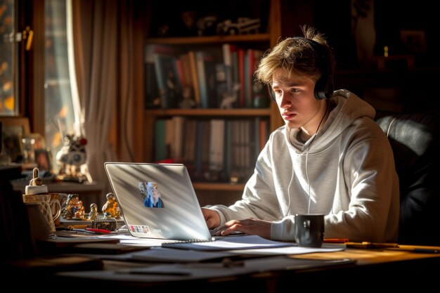 Junge männliche Studenten benutzen einen Laptop im Heimbüro