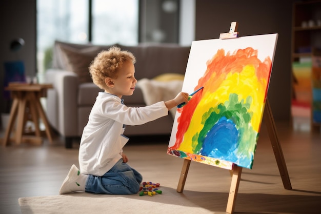 Junge malt einen Regenbogen auf eine Leinwand