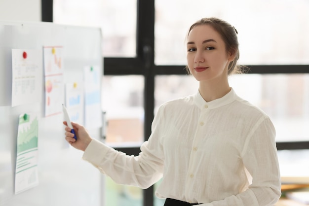 Junge Managerin in weißer Bluse zeigt auf Statistikpapiere auf dem Whiteboard, die in die Kamera schauen