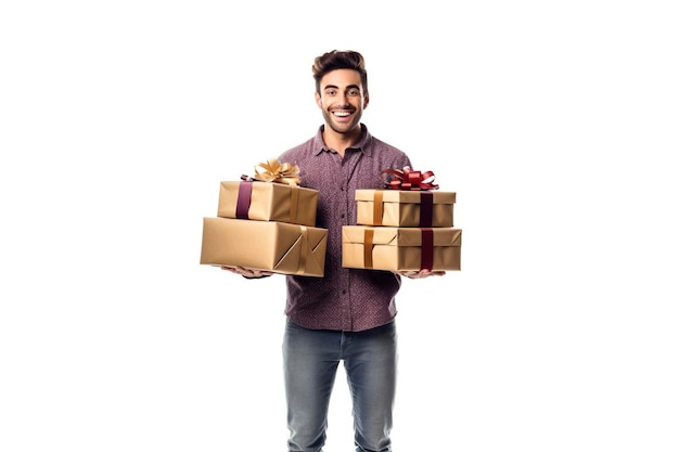 Junge Mann bringt Geschenke in wunderschönen, luxuriös eingewickelten Kisten, isoliert auf weißem Hintergrund.