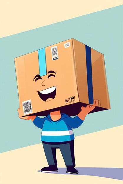 Junge Mann, der eine große Kiste über dem Kopf trägt, Loader, der mit Karton in den Händen geht, Person, die ein verpacktes Kartonpaket für das Verschieben von Flachvektoren hält