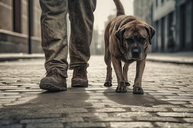 Junge Mann geht mit einem Hund auf der Straße Generative KI