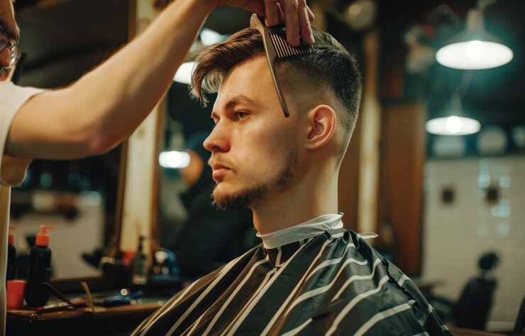 Foto junge mann im friseurgeschäft, der ai-generierte haare schneidet