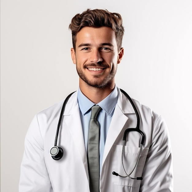 Junge Mann in Arztuniform mit Stethoskop auf weißem Hintergrund