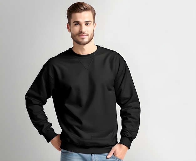 Junge Mann in einem leeren schwarzen Pullover Mockup Print Präsentation Mockup ai generieren