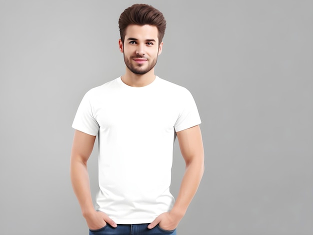 Junge Mann in einem leeren weißen T-Shirt, Mockup-Druck, Präsentationsmockup, Ai-Generator