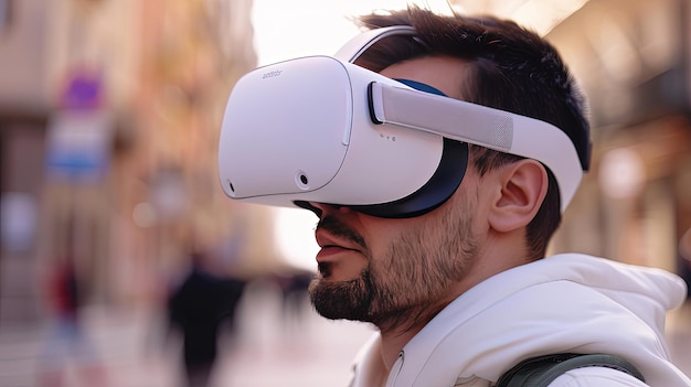 Junge Mann in VR-Brille auf den Straßen einer modernen Stadt