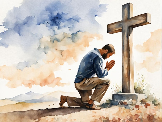 Junge Mann knien und schauen auf das Kreuz Digitale Aquarellmalerei