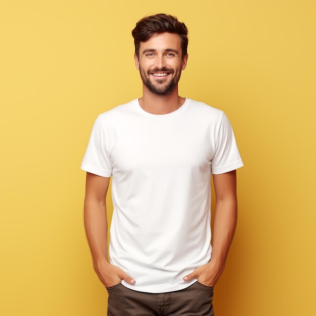 Junge Mann lächelnd und mit einem Bella-Leinwand-Weißhemd-Mockup auf gelbem Hintergrund Design-T-Shirt