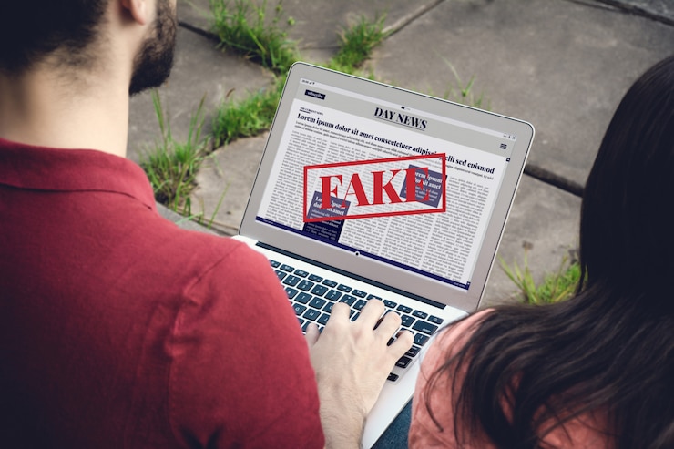 Foto junge mann liest digitale fake-nachrichten auf seinem laptop