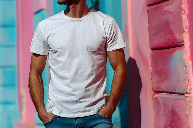 Junge Mann mit Bella Canvas weißem Hemd Mockup auf farbenfrohem Hintergrund Design T-Shirt Template Print Präsentation Mockup