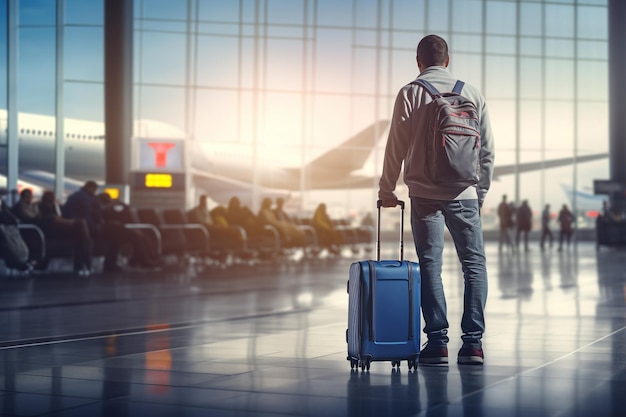 Junge Mann mit einem Koffer im Flughafenterminal Ai Generated