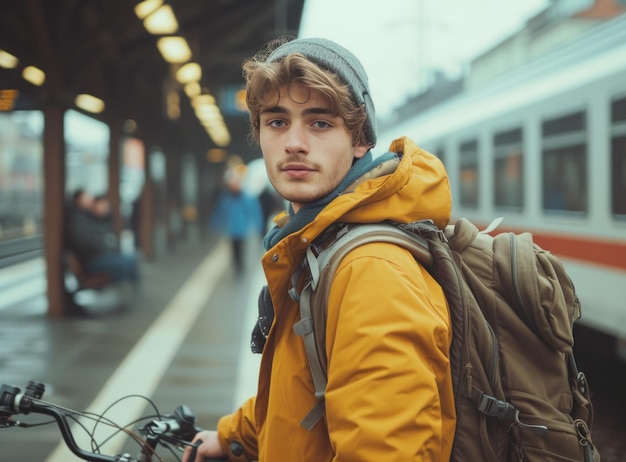 Junge Mann mit Rucksack und Fahrrad am Bahnhof