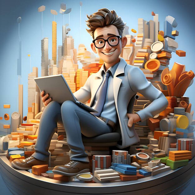 Foto junge mann mit tablet-pc sitzt in der stadt 3d-illustration