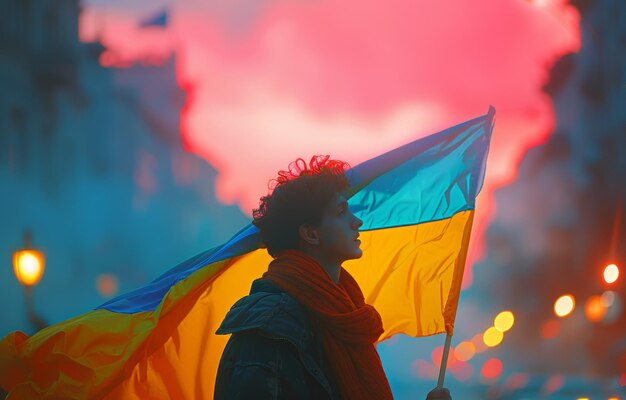 Junge Mann mit ukrainischer Flagge