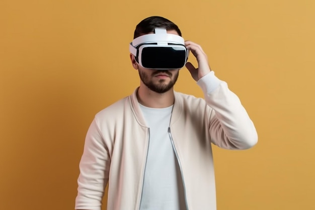 Junge Mann mit Virtual-Reality-Brille, isoliert auf solidem Hintergrund