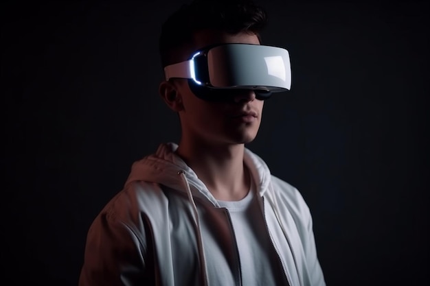 Junge Mann mit Virtual-Reality-Brille Zukunftstechnologie-Konzept Dunkler Hintergrund