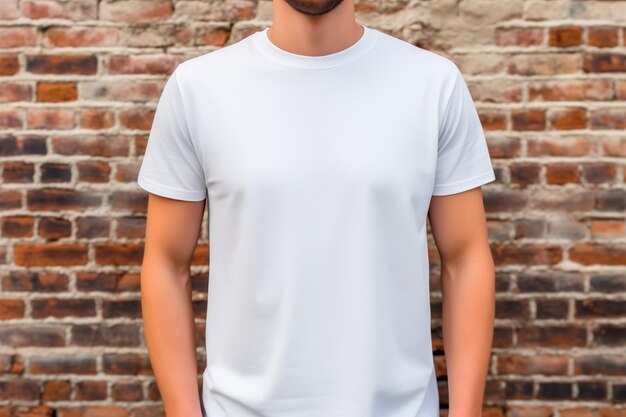 Junge Mann trägt ein leeres weißes T-Shirt vor der Ziegelsteinmauer Mockup-T-Shirt-Vorlage