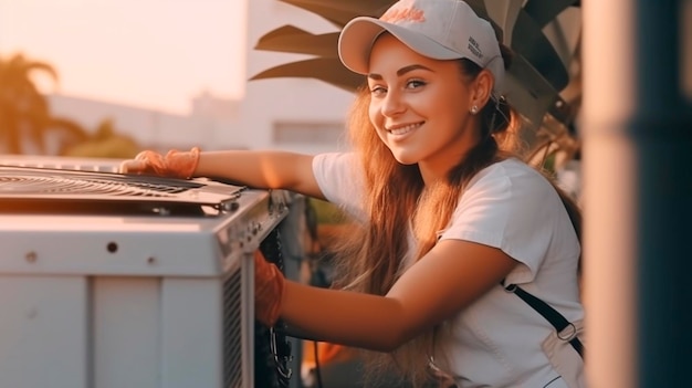 Junge Mechanikerin repariert im Freien eine Klimaanlage Generative KI
