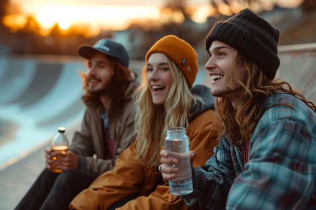 Junge Menschen bei Sonnenuntergang ruhen sich aus und trinken Wasser, während sie auf einer Skateboardbahn sitzen