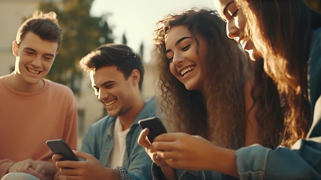 Foto junge menschen, die draußen smartphones benutzen, teenager, die auf sozialen medien süchtig sind, krank auf den universitätsgeländen