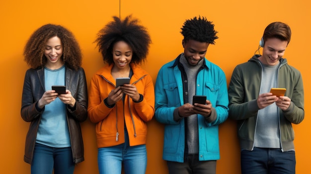 Junge Menschen, die jeweils ein Smartphone in der Hand haben und an einer Wand stehen