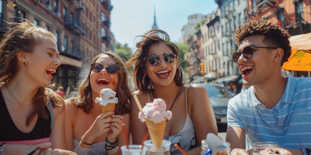 Junge Menschen teilen sich Eiscreme an einem heißen Sommertag Freundschaft und Vergnügen trotz der Hitze