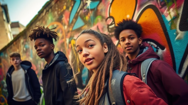 Foto junge menschen unterschiedlicher ethnischer herkunft posieren vor einer graffitiwand auf der straße