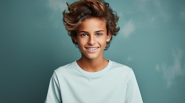 Junge mit blonden Locken im weißen T-Shirt