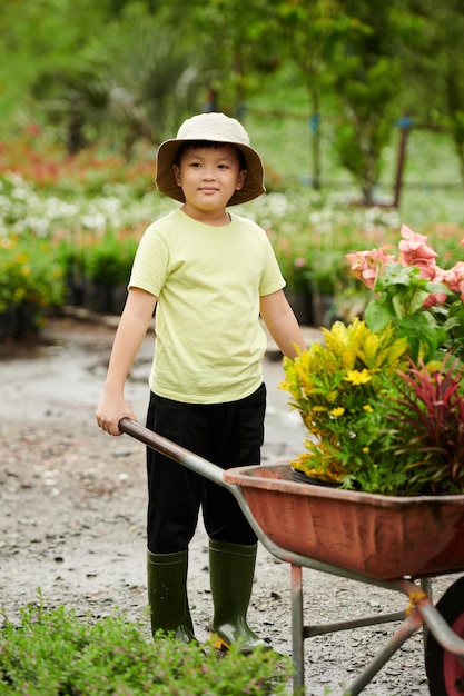 Junge mit Blumenschubkarre