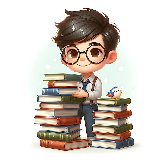 Junge mit Brille, der einen Stapel Bücher hält Weltbuchtag
