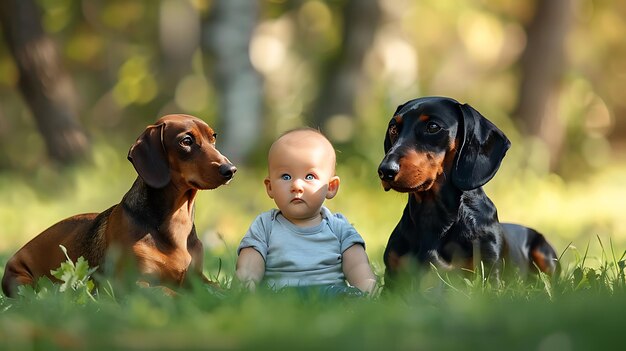 Foto junge mit dachshundwelpen im park auf grünem gras