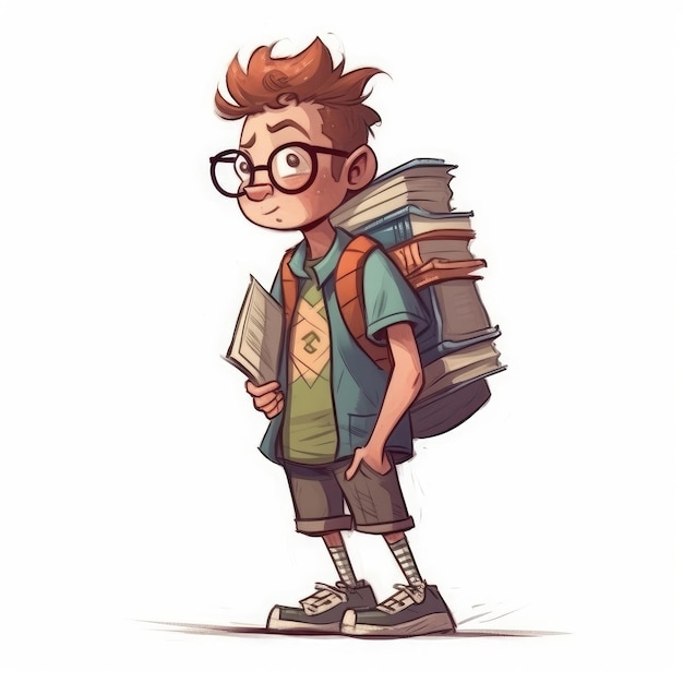 Junge mit einem Rucksack und einem Stapel Bücher im Cartoon-Stil, weißer Hintergrund, KI generiert