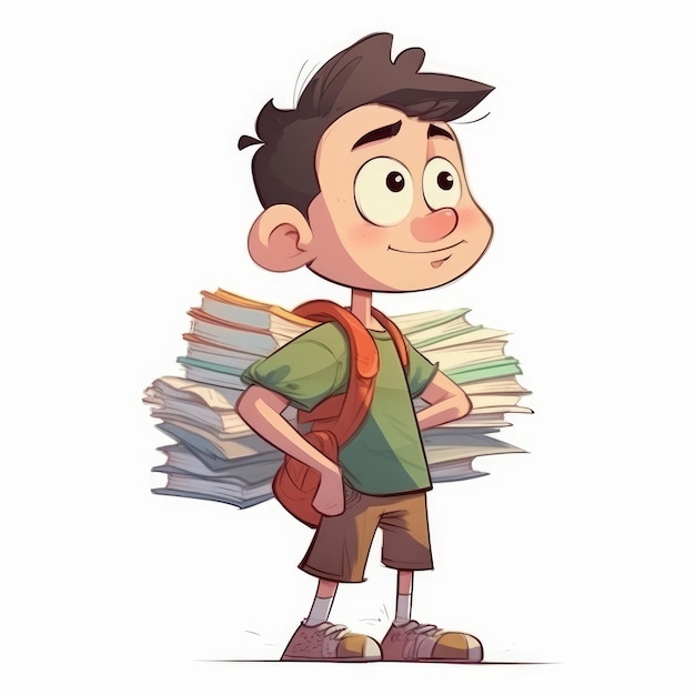 Junge mit einem Rucksack und einem Stapel Bücher im Cartoon-Stil, weißer Hintergrund, KI generiert